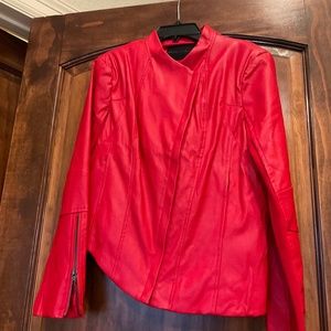 OLIVACEOUS RED FAUX LEATHER JACKET